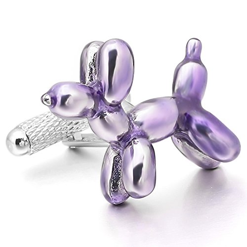 Men's 2 PCS Rhodium Plated Enamel Cufflinks Silver Purple Poodle Shirt Wedding