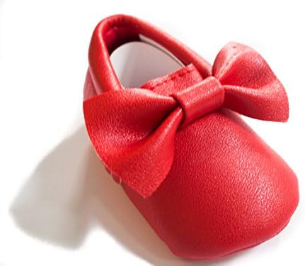 Baby Moccasins by One Loved Babe (6-12 Months, Red w/ Bow)
