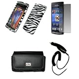 EMPIRE Black Leather Case Pouch with Belt Clip and Belt Loops + Black and White Zebra Stripes Design Snap-On Cover Case + Screen Protector + Car Charger  for Sony Ericsson Xperia ARC X12