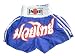 Muay Thai Shorts - Blue with White Letters & White Waist Band