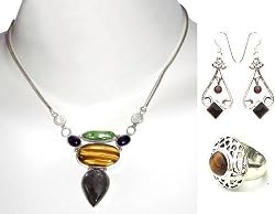 Necklace Earrings Ring Silver Assorted Gemstone Jewelry (nklc031)