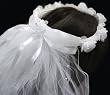 First Communion Veil - 25" Crown style comb with flowers and rhinestones. Bow ribbon and pearl accents, two-tiered, pencil edging. Gift Boxed!