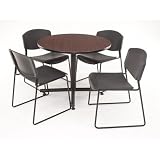 Hospitality 36 Round Reversible Wood Laminate Table in Mahogany / Mocha with 4 Stackable Zeng Chairs Chair material: Black Plastic