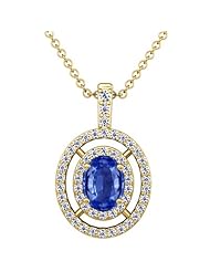 18K Yellow Gold Oval Cut Blue Sapphire And Round Diamond Pendant