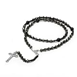 Black Crystal Jesus Cross Rosary with Faceted Rondelle Beads in 8mm x 6mm - 34'' Necklace - 22'' Overall Length
