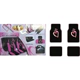 13-piece Auto Interior Gift Set - 2 Multicolor Hearts Front Low Back Bucket Seat Covers, 2 Multicolor Hearts Head Rest Covers, 1 Multicolor Hearts Steering Wheel Cover, 2 Multicolor Hearts Shoulder Harness Pressure Relief Covers, and a Set of 2 Universal Fit Multicolor Hearts Rubber Floor Mats for Cars / Trucks