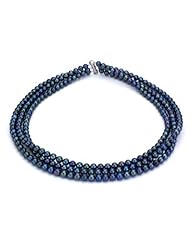 925 Sterling Silver 6-7mm Natural Black Freshwater Pearl 3-row Necklace 18-20".