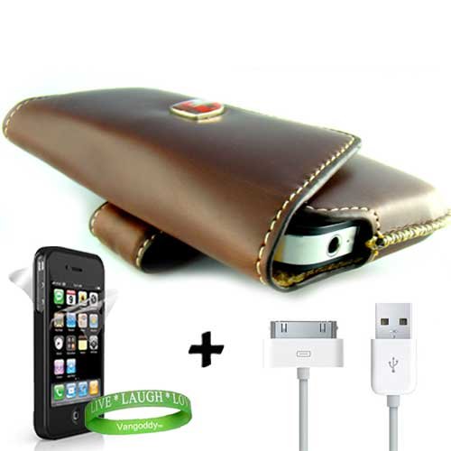 iPhone 4S SWISS ARMY Accessories Kit: Brown SWISS Leatherware Holster Case + Cellet APPLE APPROVED iPhone 4S Sync Data Cable + Custom Cut Full body iPhone 4S Screen Protector + Live * Laugh * Love VG Silicone Wrist Band!!!