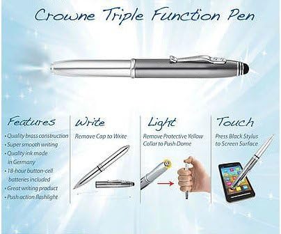 Tri-functon Pen, LED Flashlight & Capacitive Stylus in Black/Chrome