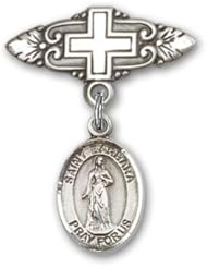 Sterling Silver Baby Badge with St. Barbara Charm and Badge Pin with Cross
