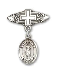 Sterling Silver Baby Badge with St. Barbara Charm and Badge Pin with Cross, Patron Saint (Patronage) invoked in times of danger from thunderstorms, fires & sudden death. Patron of Architects & Builders, Fire Fighters, Gunners, Prisoners & Stonemasons.