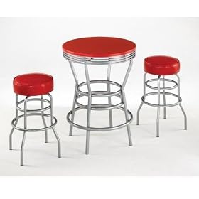 Click here to buy Soda Shoppe Bar Table and 2 Stools - Red with Silver Base by Home styles.