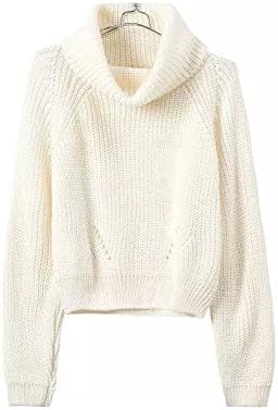 Gk2 Women's Long Sleeve Zipper Turtleneck Ribbed Cable Knit Cropped Sweater (L, Hollow out-White)