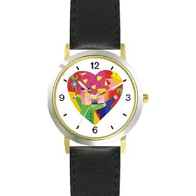 Man & Woman in Heart - Love & Friendship Theme - WATCHBUDDY® DELUXE TWO-TONE THEME WATCH - Arabic Numbers - Black Leather Strap-Women's Size-Small