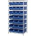 Quantum Storage Systems WR8-950952BL 8-Tier Complete Wire Shelving System with 12 QUS950CL and 12 QUS952CL Blue Hulk Bins, Chrome Finish, 24" Width x 36" Length x 74" Height