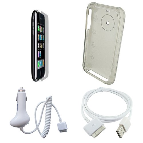 Apple Iphone 3g Protective Snap on Transparent Crystal Case Cover (Clear) w/ Spare USB 2in1 Sync Data Charging Cable and a Car Charger w/ Screen Guard Protector