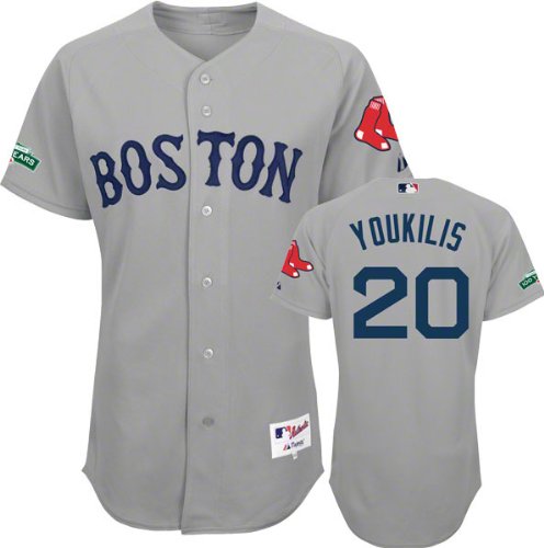 Kevin Youkilis Jersey: Boston Red Sox #20 Road Grey Authentic Jersey with Fenway Park 100th Year Anniversary Patch