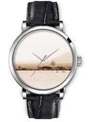 SPRAWL Aanalog Fashion Series Silver Ladies Watches of Genuine Black Leather Strap,Unique Wrist Watch for Women Girls Designed with Lake landscape