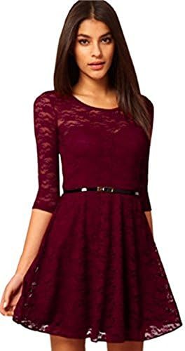 Unomatch Women's Skirt Style Round Neck Lace Dress with Belt Red Vine (X-SMALL, RED)
