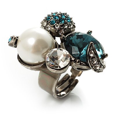 Luxurious Crystal Cluster Cocktail Ring (Teal, Clear & Snow White)