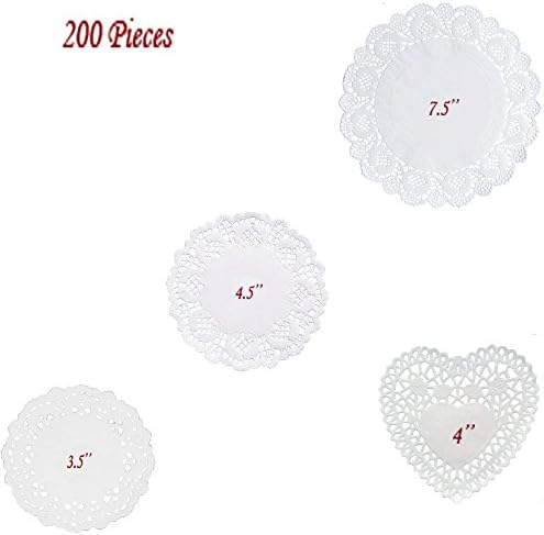 ARICHEZO Paper Doilies Assorted White Pack of 200 pcs (50 Round 3.5" + 50 Round 4.5" + 50 Round 7.5" + 50 Heart 4") Set # 15
