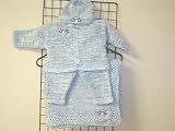 Cpk42bk, Knitted on Hand Knitting Machine Then Finished By Hand Crochet Infant Boys Outfit, Containing Blue Chenille with Denim Cotton Tweed Cardigan Sweater, Hat Set and Matching Blanket Trimmed with Blue Car Patch.