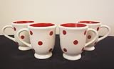 Ronnie's Terramoto Ceramic, Set of 4 Coffee Mugs / Tea Cups, 8 ounces, Red Polka Dots on White Base