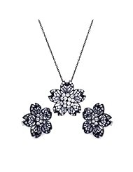 Sterling Silver Flower Design With Black Rhodium Finish Necklace and Earrings Set