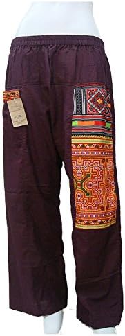 Brown Yoga Elastic Fisherman Massage Pants with Tribal Embroidery Pattern Style