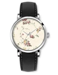Analog Silver Women Watches Black Leather Wristband - Floral Pattern