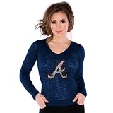 MLB Touch by Alyssa Milano Atlanta Braves Ladies Burnout Thermal V-neck Long Sleeve Premium T-Shirt - Navy Blue (Small)