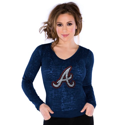 Touch by Alyssa Milano Atlanta Braves Ladies Burnout Thermal V-neck Long Sleeve Premium T-Shirt - Navy Blue (X-Large)