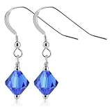 8 MM Dark Blue Swarovski Crystal Bicon Sterling Silver French Ear Wire Hook Drop Earrings