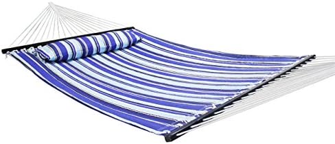 Apricis Polyester Cotton Fabric Hammock Swing Bed for Outdoor Camping, Accommodate 2 People 450 lb 79x55 Inch,Accessories Included (Blue Strips)