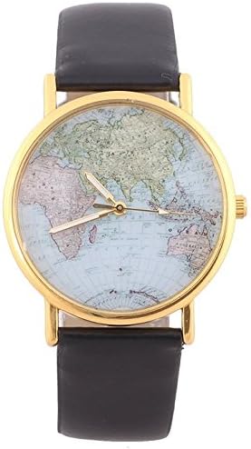 Unisex Elegant Retro Old Classic Luxury World Map Bracelet Quartz Wrist Watch with Leather Band (Black)