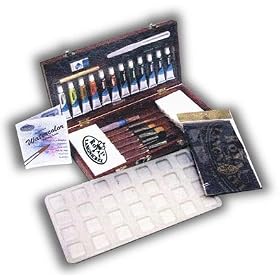 Paint Set with 12 Watercolor Paints and Brushes in Wood Box