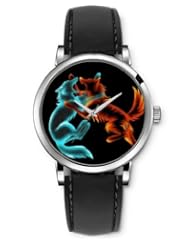 SPRAWL Aanalog Fashion Series Silver Ladies Watches of Genuine Black Leather Strap,Unique Wrist Watch for Women Girls Designed with Fight of blue and orange foxes