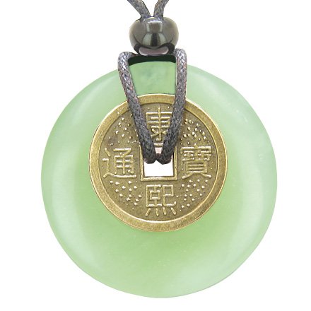 Antique Lucky Coin Evil Eye Protection Powers Amulet Green Jade Gemstone 40mm Donut Pendant Necklace