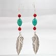 Turquoise and Coral Gemstone Bead Dangle Earrings with Sterling Silver Leaves, #8834