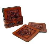 New Bar Square Coaster Set of Eight Hand Tooled Leather with Tray