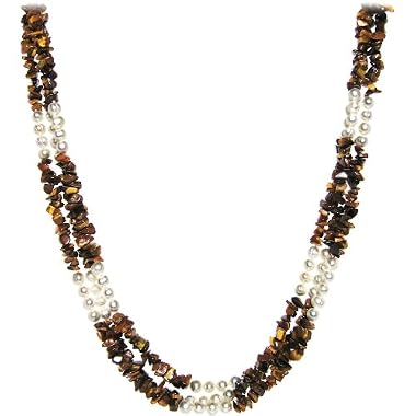 {OnlyOne! FLASH Deal} HinsonGayle 3-Strand Cultured Pearl and Tiger Eye Torsade Necklace (Sterling Silver)