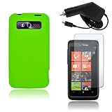 HTC 7 TROPHY T8686 - NEON GREEN SOFT SILICONE SKIN CASE COVER + CAR CHARGER ....