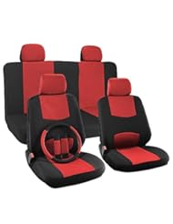 Automotive Parts and Accessories: OxGord 17pc Set Flat Cloth Mesh Red & Black Broken Stripe Seat Covers Set - Universal Fit + Steering Wheel Cover - OxGord