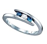 Stunning 10k. White Gold Blue and White Diamond 3 Stone Promise Ring