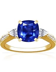 14K Yellow Gold Cushion Cut Blue Sapphire Ring With Sidestones