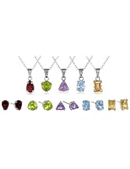 Sterling Silver Peridot, Garnet, Amethyst, Blue Topaz and Citrine Stud Earrings and Pendant Necklace s Individually-Boxed Set