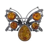 Brown Amber Cute Butterfly Brooch Sterling Silver Pin