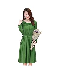 Round Neck Lace Tea Length Long Sleeves Cotton/Linen  Dress