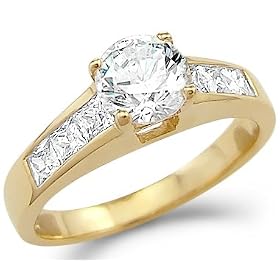 Solid 14k Yellow Gold Round and Princess CZ Cubic Zirconia Engagement Ring 1.5 ct: Jewelry