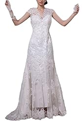 V-neck Satin Mandarin Collar Lace  Dress with a Cathedral Train 